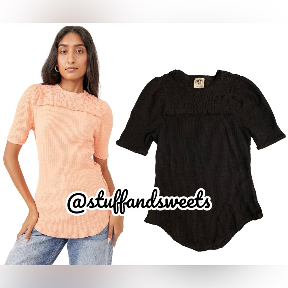 Free People Short Sleeve Smocked Yoke Tee in Peach and Black
